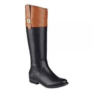 Tommy Hilfiger Tall Equestrian Black & Brown Vegan Leather Riding Boots
